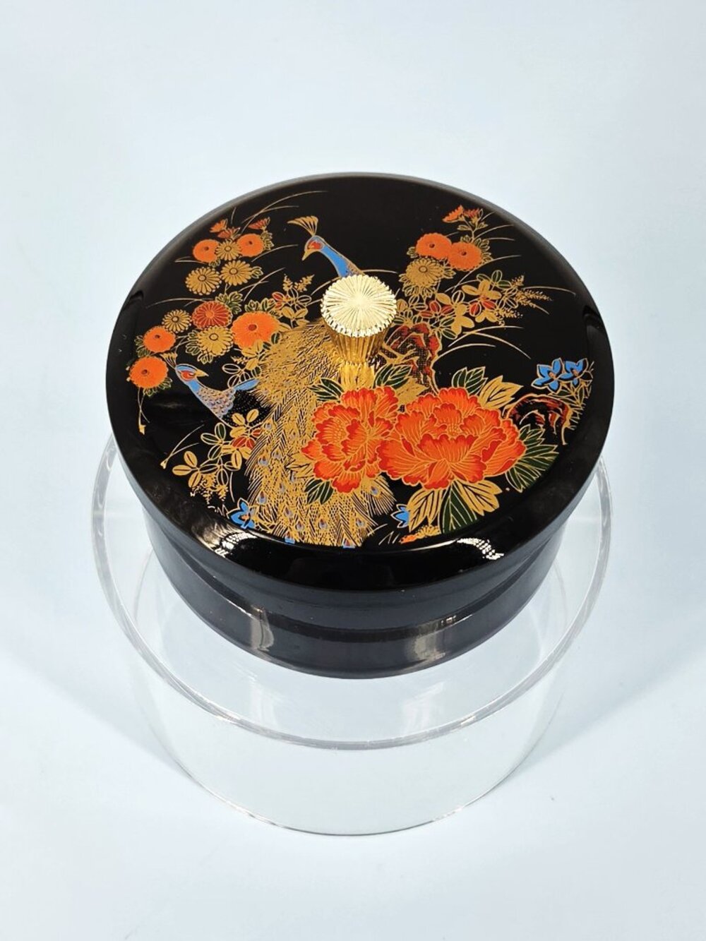 Japanese VTG Round Black Lacquer Powder/Trinket Box 2 Peacocks Metallic Gold 5"W